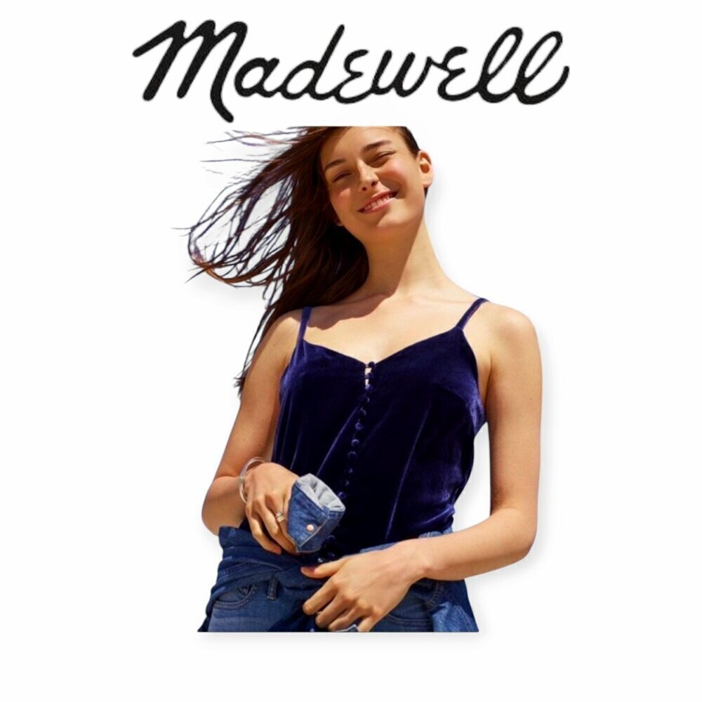 Madewell Sleeveless Velvet Top XS Midnight Blue Buttoned Tank Chic Blouse